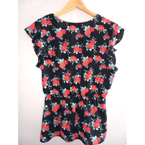 Almost Famous Summer Floral Ruffle Short Sleeve Elastic Waist Red Blue L Blouse - Picture 3 of 9